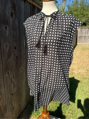 J. Crew Black and White Floral Dot Tie-Neck Cap Sleeve Tunic Beach Coverup